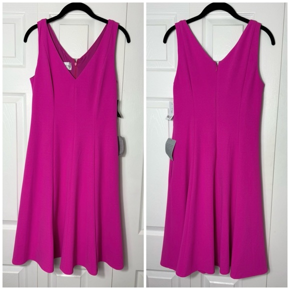 Donna Morgan Hot Pink Crepe Sleeveless V-Neck Fit & Flare Midi Dress Size 6 - Picture 6 of 6